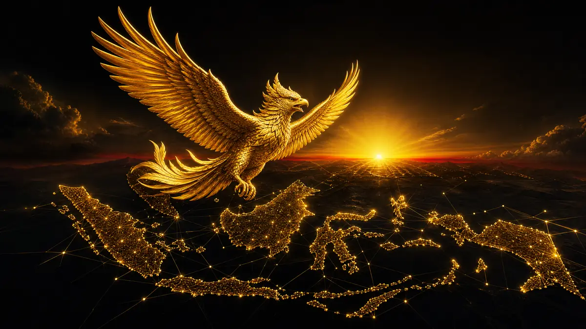 Ilustrasi Garuda emas terbang di atas kepulauan Indonesia