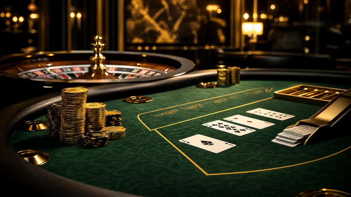 Ilustrasi meja live casino dengan chip emas Garuda4d